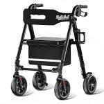 RollisRoll Walkers for Seniors Taller 5.3~7ft, Lightweight Foldable Rollator Walker, Built in Cable, Reinforced Aluminum Frame, 8" Big Rubber Wheels for All Terrain, 350lb Weight Capacity, Black