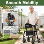 RollisRoll Walkers for Seniors Taller 5.3~7ft, Lightweight Foldable Rollator Walker, Built in Cable, Reinforced Aluminum Frame, 8" Big Rubber Wheels for All Terrain, 350lb Weight Capacity, Black