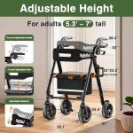 RollisRoll Walkers for Seniors Taller 5.3~7ft, Lightweight Foldable Rollator Walker, Built in Cable, Reinforced Aluminum Frame, 8" Big Rubber Wheels for All Terrain, 350lb Weight Capacity, Black