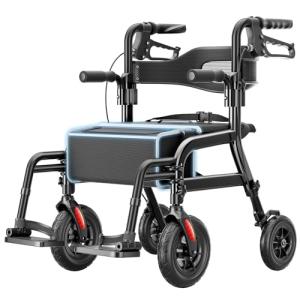HOMLAND Walkers for Seniors with Seat, Foldable 2 in 1 Rollator Walker Wheelchair Combo, 10" All Terrain Transport Chair with Brakes, Adjustable Seat & Handles, 350lb Capacity, Storage Bag