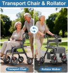 HOMLAND Walkers for Seniors with Seat, Foldable 2 in 1 Rollator Walker Wheelchair Combo, 10" All Terrain Transport Chair with Brakes, Adjustable Seat & Handles, 350lb Capacity, Storage Bag