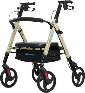 ELENKER Heavy Duty Rollator Walker with Extra Wide Padded Seat 500lbs 10" Wheels
