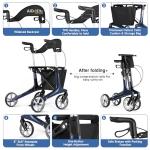 Ultralight Carbon Fiber Rollator Walkers for Seniors Lightweight at Only 13lbs, Foldable Carbon Rolling Walker with Organizer Bag, Seat and 8'' Wheels for Travel & The Elderly (Blue, Taller Model)