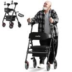 StrollAid Upright Walkers for Seniors, Stand Up Rollator Walker with Padded Seat and Backrest, Heavy Duty Forearm Rollator with Support Handrail, Holds up to 450 pounds, Compact Folding, Black