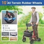 RollisRoll Walkers for Seniors with Seat, Foldable Rollator Walker, Reinforced Aluminum Frame, 10" Big Rubber Wheels for All Terrain, Built-in Cable, Lightweight Rolling Walker, Burgundy