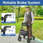 RollisRoll Walkers for Seniors with Seat, Foldable Rollator Walker, Reinforced Aluminum Frame, 10" Big Rubber Wheels for All Terrain, Built-in Cable, Lightweight Rolling Walker, Burgundy