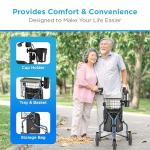 NOVA Traveler Folding 3-Wheel Walker with Tray, Basket, Pouch & Cup Holder, Lightweight Mobility Aid for Seniors & Adults, 8” All-Terrain Wheels for Tight Spaces & Travel, Blue