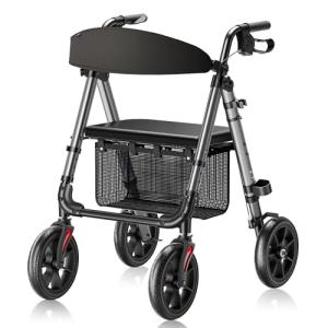 WALK MATE Rollator Walker for Seniors, 10 Inch Big Wheels, Reinforced Aluminum Frame 350lb Weight Capacity, Foldable All Terrain Rolling Walker with Seat, Lightweight Adjustable Height, Grey