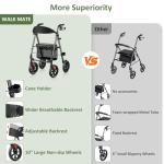 WALK MATE Rollator Walker for Seniors, 10 Inch Big Wheels, Reinforced Aluminum Frame 350lb Weight Capacity, Foldable All Terrain Rolling Walker with Seat, Lightweight Adjustable Height, Grey