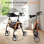 Cosydora Rollator Walkers for Seniors with Seat, 13.6 Lbs Ultra Lightweight Foldable Rolling Walker, 350Lbs Heavy Duty Aluminum, 8" All Terrain Wheels, Dual Adjustable Height, Light Orange