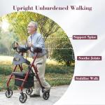Fvzzin Upright Rollator Walker, Heavy Duty Stand Up Walkers for Seniors with Seat and Reversible Backrest, Foldable Standing Rollator with 8" Anti-Slip PU Wheels, Red