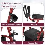 Fvzzin Upright Rollator Walker, Heavy Duty Stand Up Walkers for Seniors with Seat and Reversible Backrest, Foldable Standing Rollator with 8" Anti-Slip PU Wheels, Red