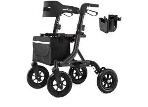 MAXWALK Foldable Rollator Walker Seat 10" Rubber Wheels All Terrain Senior Black