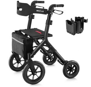 All-Terrain Rollator Walker w/Seat, 12" Big Rubber Wheels, & Backrest, 5.3-7 ft.