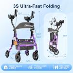 BlessReach Heavy Duty Upright Rollator Walker for Seniors with Seat, 450lb Capacity, 8" All-Terrain Wheels, 6 Height Adjustments, Padded Seat & Backrest, Easy Assembly, Foldable Design, Purple