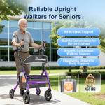 BlessReach Heavy Duty Upright Rollator Walker for Seniors with Seat, 450lb Capacity, 8" All-Terrain Wheels, 6 Height Adjustments, Padded Seat & Backrest, Easy Assembly, Foldable Design, Purple