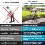 Vive Bariatric Upright Walker with Seat - Heavy Duty Senior Stand Up Rollator, Extra Wide Frame - Padded Armrest & Backrest -Mobility Aid Portable Rolling Walker with Bag - Fits Tall & Large People