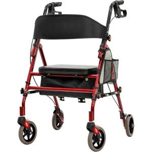 Lightweight Foldable Rollator Walker with Seat for Seniors, 350 lb Capacity, 5-Position Adjustable Height, Premium Hybrid Rolling Walker - Aluminum and Carbon Steel (Red)