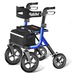 Walkers for Seniors, Rollator Walker with Seat, 12" Big Rubber Wheels All Terrain Rolling Walker with Backrest, Foldable Rollator Walker, Reinforced Aluminum Frame, Built-in Cable, Blue