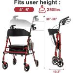 Lightweight Foldable Rollator Walker with Seat for Seniors, 350 lb Capacity, 5-Position Adjustable Height, Premium Hybrid Rolling Walker - Aluminum and Carbon Steel (Red)