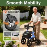 Walkers for Seniors, Rollator Walker with Seat, 12" Big Rubber Wheels All Terrain Rolling Walker with Backrest, Foldable Rollator Walker, Reinforced Aluminum Frame, Built-in Cable, Blue