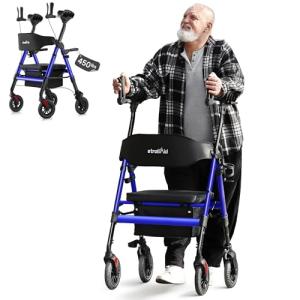 StrollAid Upright Walkers for Seniors, Stand Up Rollator Walker with Padded Seat and Backrest, Heavy Duty Forearm Rollator with Support Handrail, Holds up to 450 pounds, Compact Folding, Blue