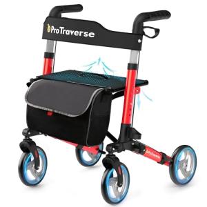 Lightweight Folding Rollator Walker with Seat - Red