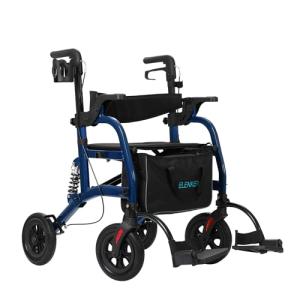 ELENKER Rollator Walker Transport Wheelchair Combo with Shock Absorber, 2 in 1 Rolling Walker with Seat, All Terrain Wheels for Seniors, Blue