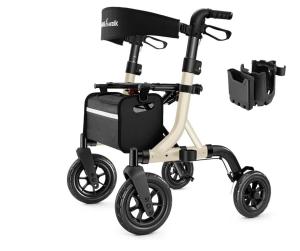 MAXWALK Foldable Rollator Walker Seat 10" Rubber Wheels All Terrain Senior Black
