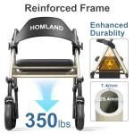 Walkers for Seniors with Seat, Foldable Rollator Walker, Reinforced Aluminum Frame, 8" Big Rubber Wheels for All Terrain, Height Adjustable Lightweight Rolling Walker, Light Gold