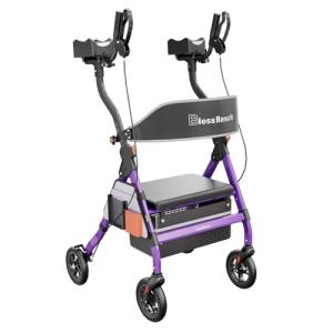 BlessReach Heavy Duty Upright Rollator Walker for Seniors, 450lb Capacity, 6 Height Adjustments, 8" All-Terrain Wheels, Padded Seat & Backrest, Easy Assembly, Foldable Design (Purple)