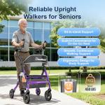 BlessReach Heavy Duty Upright Rollator Walker for Seniors, 450lb Capacity, 6 Height Adjustments, 8" All-Terrain Wheels, Padded Seat & Backrest, Easy Assembly, Foldable Design (Purple)