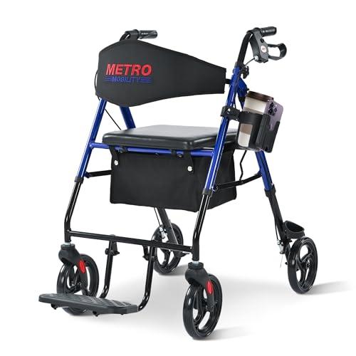 Metro Mobility 2 in 1 Rollator Walker & Transport Wheelchair, Foldable Lightweight Rollator Walker with Seat for Seniors, 8" Big Wheels for All Terrain, 300 lb. Weight Capacity, Blue