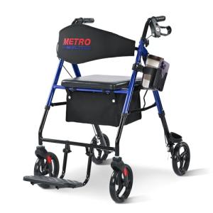 Metro Mobility 2 in 1 Rollator Walker & Transport Wheelchair, Foldable Lightweight Rollator Walker with Seat for Seniors, 8" Big Wheels for All Terrain, 300 lb. Weight Capacity, Blue