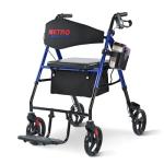 Metro Mobility 2 in 1 Rollator Walker & Transport Wheelchair, Foldable Lightweight Rollator Walker with Seat for Seniors, 8" Big Wheels for All Terrain, 300 lb. Weight Capacity, Blue