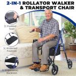 Metro Mobility 2 in 1 Rollator Walker & Transport Wheelchair, Foldable Lightweight Rollator Walker with Seat for Seniors, 8" Big Wheels for All Terrain, 300 lb. Weight Capacity, Blue