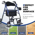 Metro Mobility 2 in 1 Rollator Walker & Transport Wheelchair, Foldable Lightweight Rollator Walker with Seat for Seniors, 8" Big Wheels for All Terrain, 300 lb. Weight Capacity, Blue