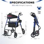 Metro Mobility 2 in 1 Rollator Walker & Transport Wheelchair, Foldable Lightweight Rollator Walker with Seat for Seniors, 8" Big Wheels for All Terrain, 300 lb. Weight Capacity, Blue
