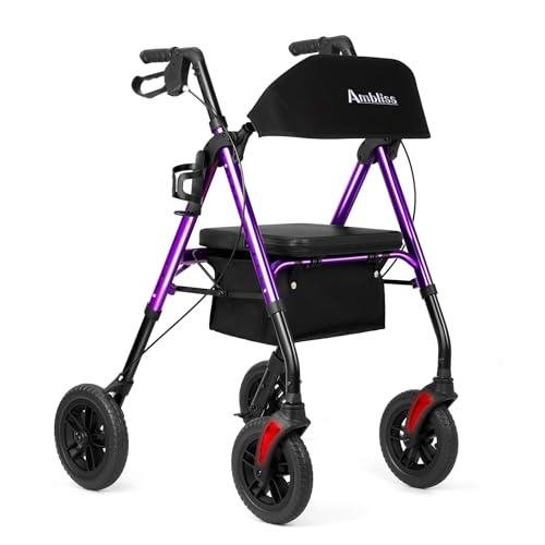 Ambliss Rollator Walkers with Seat for Seniors, 8" Wheels, 300lb. Weight Capacity, All Terrain Lightweight Walkers for Seniors with Backrest, Height Adjustable Foldable Walker, Purple