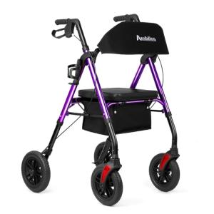 Ambliss Rollator Walkers with Seat for Seniors, 8" Wheels, 300lb. Weight Capacity, All Terrain Lightweight Walkers for Seniors with Backrest, Height Adjustable Foldable Walker, Purple