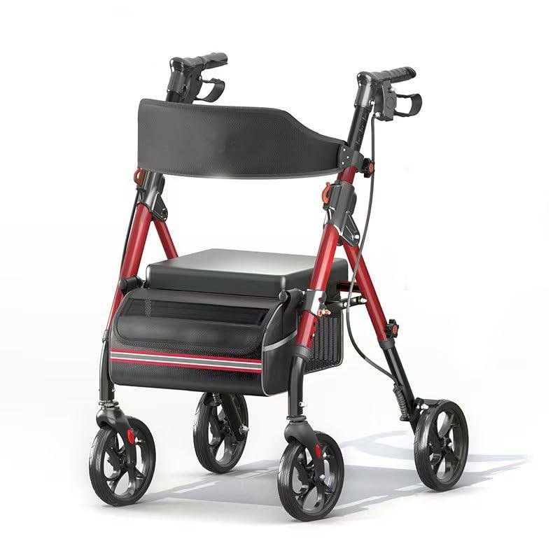 Foldable Rollator Walker with Seat for Seniors, Lightweight Aluminum and Carbon Steel Hybrid Frame, 350 lbs Capacity, 8" All-Terrain Wheels, 6-Position Adjustable Height, Ergonomic Hand Brakes,Red