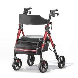 Foldable Rollator Walker with Seat for Seniors, Lightweight Aluminum and Carbon Steel Hybrid Frame, 350 lbs Capacity, 8" All-Terrain Wheels, 6-Position Adjustable Height, Ergonomic Hand Brakes,Red