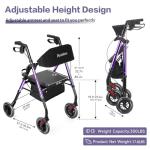 Ambliss Rollator Walkers with Seat for Seniors, 8" Wheels, 300lb. Weight Capacity, All Terrain Lightweight Walkers for Seniors with Backrest, Height Adjustable Foldable Walker, Purple
