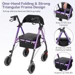 Ambliss Rollator Walkers with Seat for Seniors, 8" Wheels, 300lb. Weight Capacity, All Terrain Lightweight Walkers for Seniors with Backrest, Height Adjustable Foldable Walker, Purple