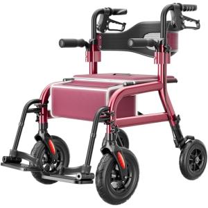 HOMLAND Walkers for Seniors with Seat, Foldable 2 in 1 Rollator Walker Wheelchair Combo, 10" All Terrain Transport Chair with Brakes, Adjustable Seat & Handles, 350lb Capacity, Storage Bag