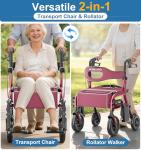 HOMLAND Walkers for Seniors with Seat, Foldable 2 in 1 Rollator Walker Wheelchair Combo, 10" All Terrain Transport Chair with Brakes, Adjustable Seat & Handles, 350lb Capacity, Storage Bag
