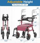 HOMLAND Walkers for Seniors with Seat, Foldable 2 in 1 Rollator Walker Wheelchair Combo, 10" All Terrain Transport Chair with Brakes, Adjustable Seat & Handles, 350lb Capacity, Storage Bag