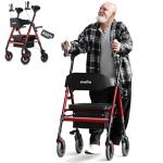 StrollAid Upright Walkers for Seniors, Stand Up Rollator Walker with Padded Seat and Backrest, Heavy Duty Forearm Rollator with Support Handrail, Holds up to 450 pounds, Compact Folding, Red