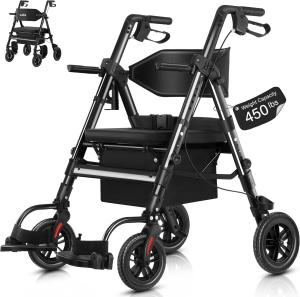 2025 StrollAid 2 In 1 Rollator Walker Transport Chair Heavy Duty 450 Lbs Black