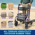 PLANET WALK Foldable Rollator Walker: 10" & 8" All-Terrain Wheels, 300lb Capacity, Treaded Rubber Tires, Breathable Seat & Backrest, Lightweight Mobility Aid for Seniors, Purple